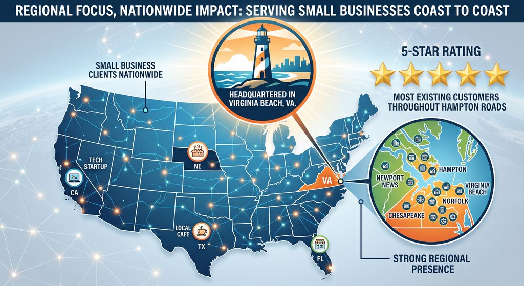 DigitalEasy.Cloud's service footprint throughout the US, headquartered in Virginia Beach with a strong presence throughout Hampton Roads.